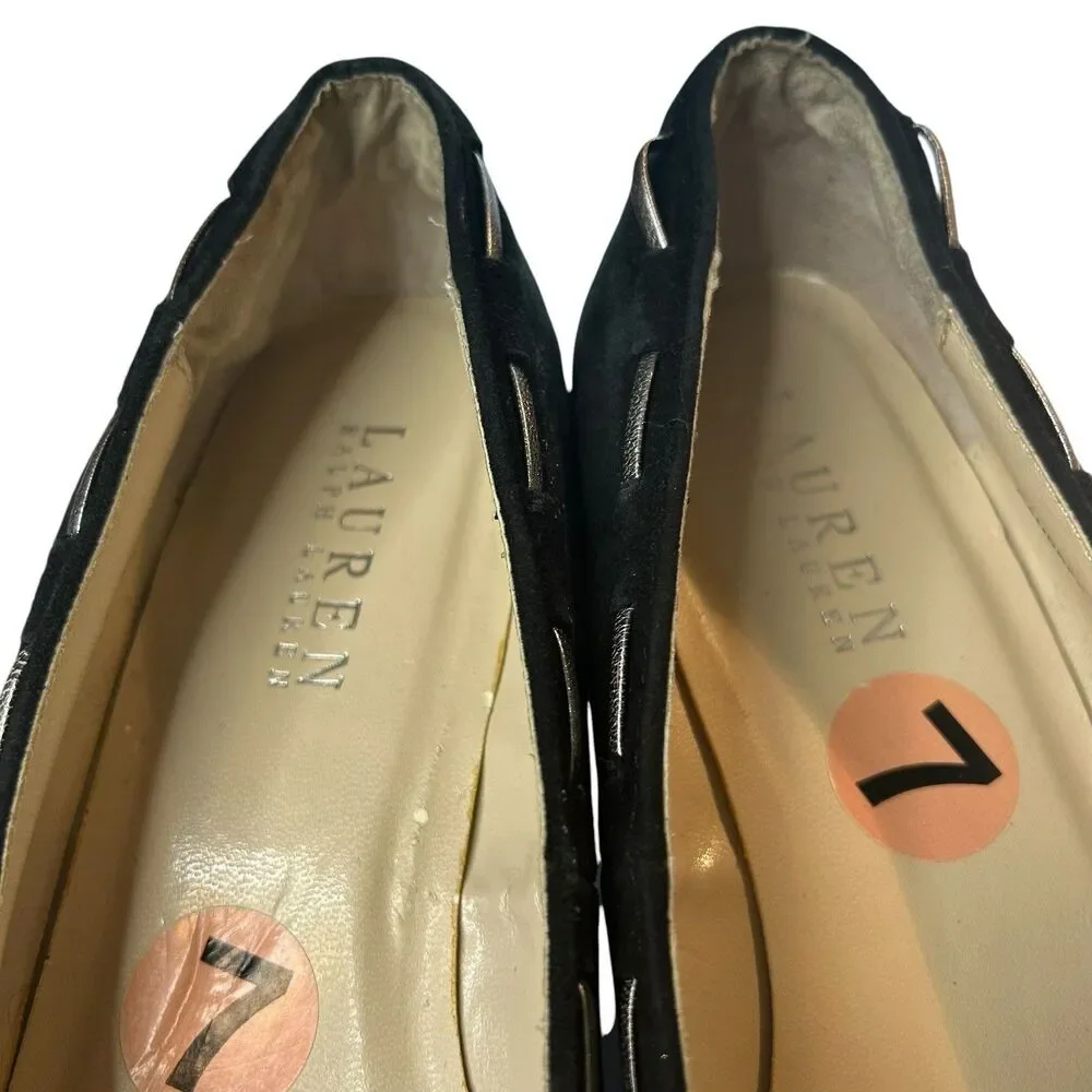 Lauren Ralph Lauren Black Suede Espadrille Wedge Size 7B Cambree Silver Metallic